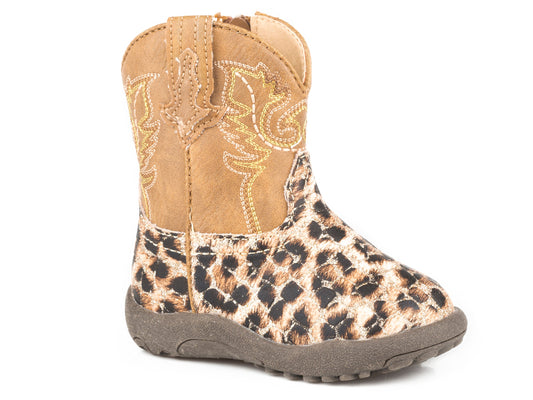 Infant Girls Gold Glitter And Leopard Faux Leather Vamp With Tan Shaft Cowb