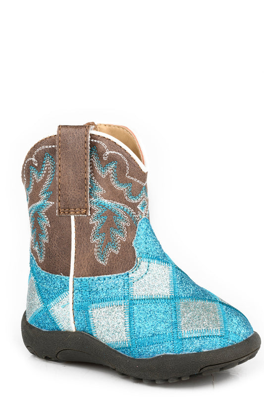 Infants Girls Roper Vintage Tan Faux Leather Cowbabies Glitter Blocks Boots