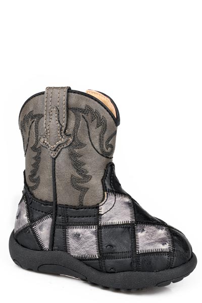Boys Roper Black  Grey Patchwork Ostrich Vamp Bird Blocks Boots