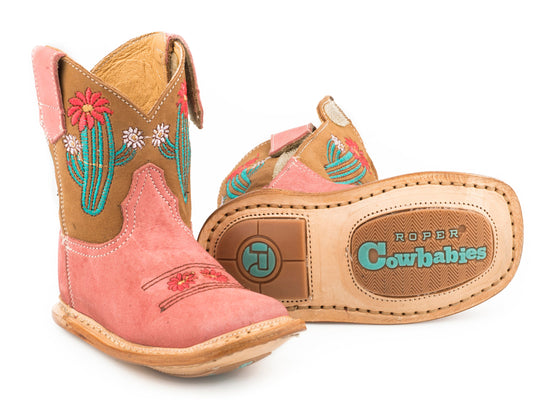 Infant Girls Pink Leather Vamp And Brown Upper With Cactus Embroidery