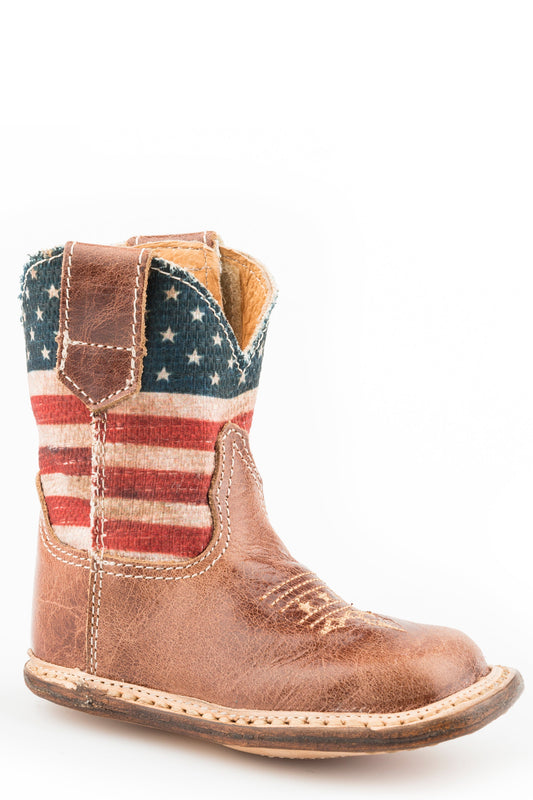 Infant Boys Cowbaby Boot Brown Leather Vamp With Stars And Stripes Printed
