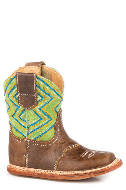 Infant Boys Brown Leather Vamp With Geometric Embroidery On Green Shaft
