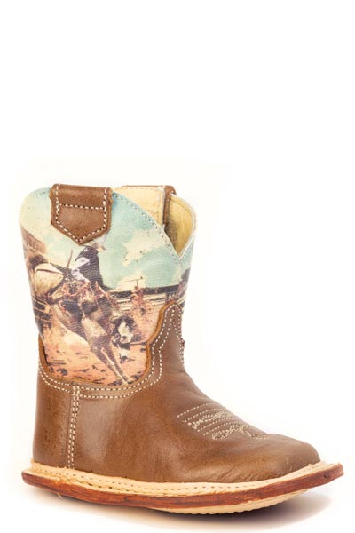 Boys Roper Burnish Tan Leather Vamp Rodeo Bronc Boots