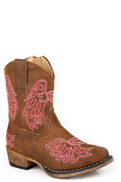 Girls Roper Brown With Pink Wing Embroidery Riley Wings Boots