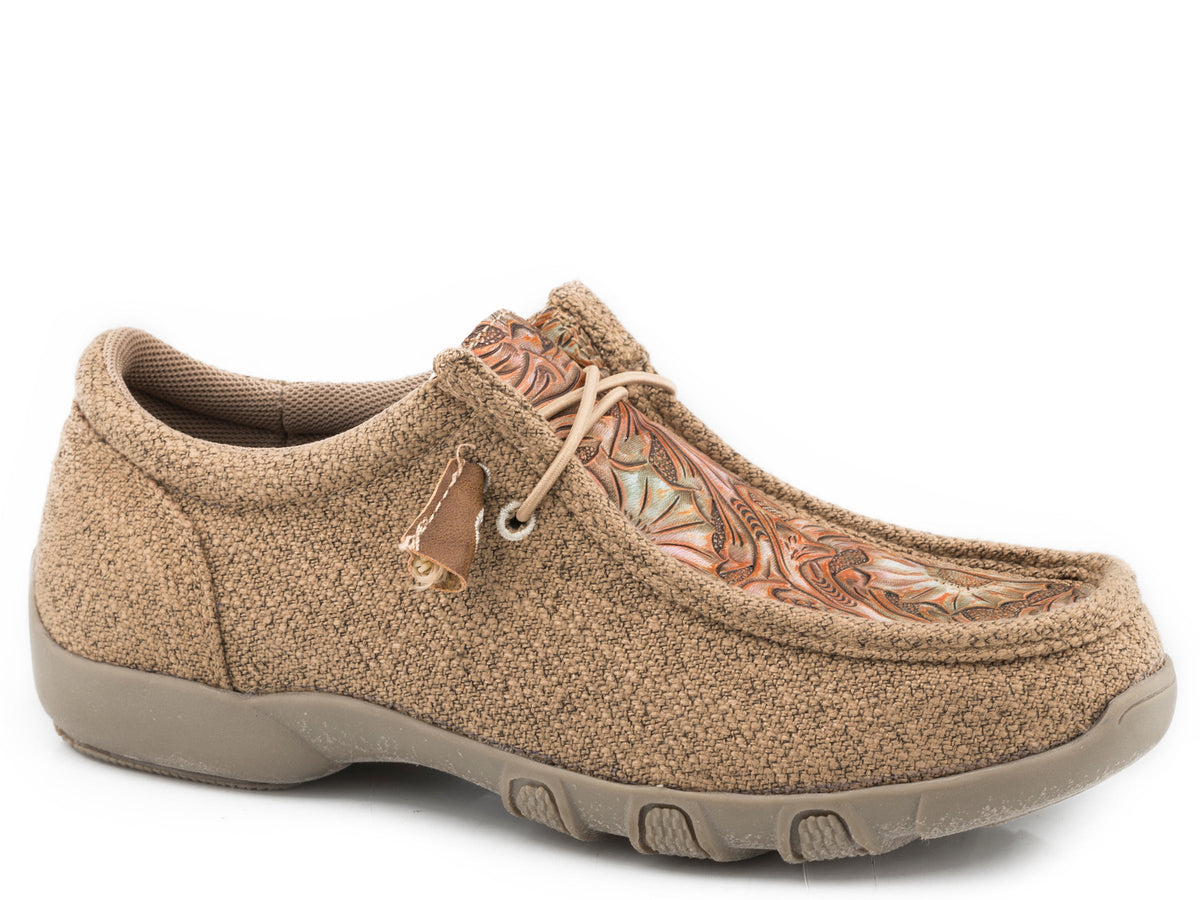 Little Girls Tan Canvas With Embossed Floral Vamp