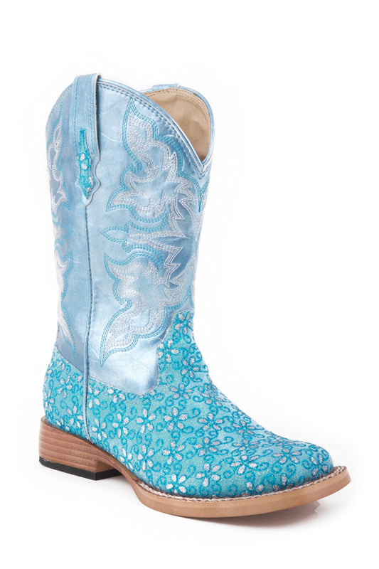Little Girls Turquoise Floral Glitter