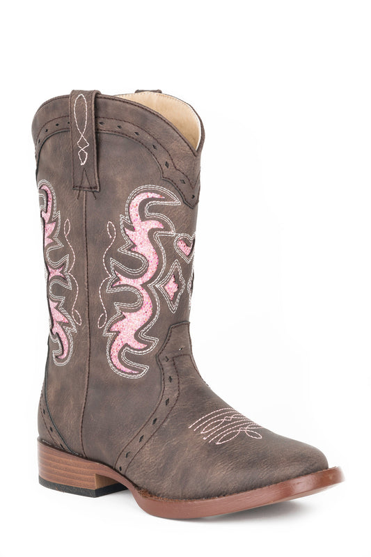 Little Girls Brown Faux Upper Pink Glitter Inlay