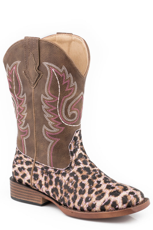 Little Girls Pink Glitter And Leopard Faux Leather Vamp Boot With Brown Sha