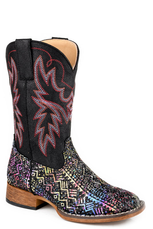 Little Kids Girls Roper Black With Western Stitch Glitter Aztec Boots