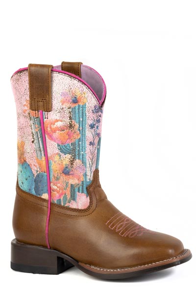 Girls Roper Burnish Tan Leather Vamp Cactus Flowers Boots