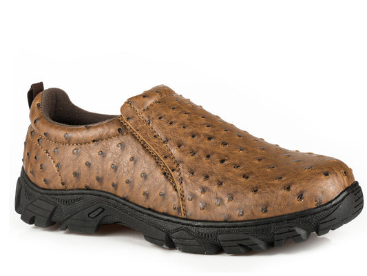 Mens Performance Slip On Tan Faux Leather Embossed Ostrich