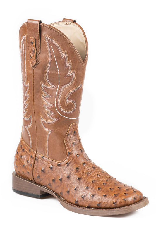 Mens Cowboy Boot Faux Tan Ostrich Leather Vamp With Tan Stitched Upper