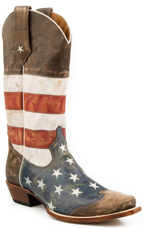 Mens Leather Cowboy Boot American Flag Distressed Brown With Red White And