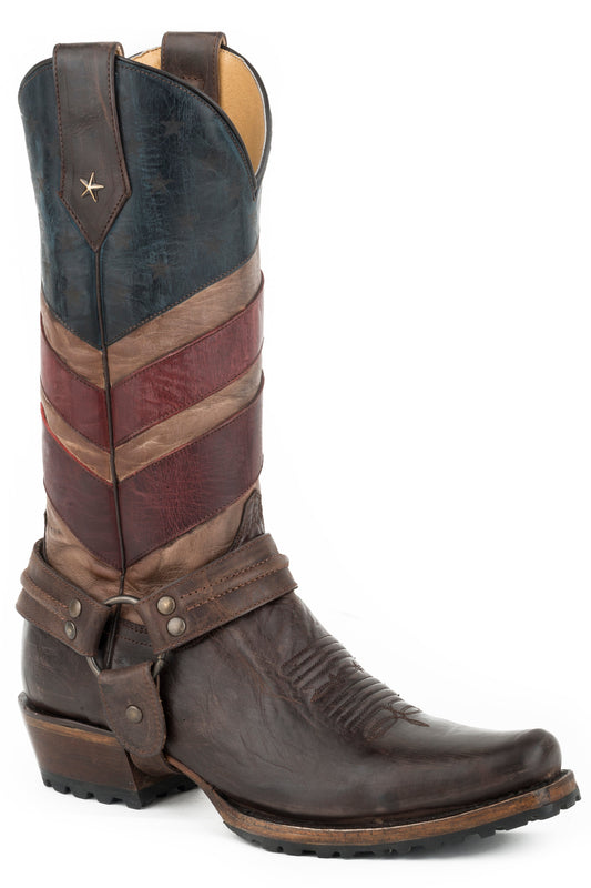 Mens Leather Cowboy Boot Vintage American Flag Upper Waxy Brown Vamp With H