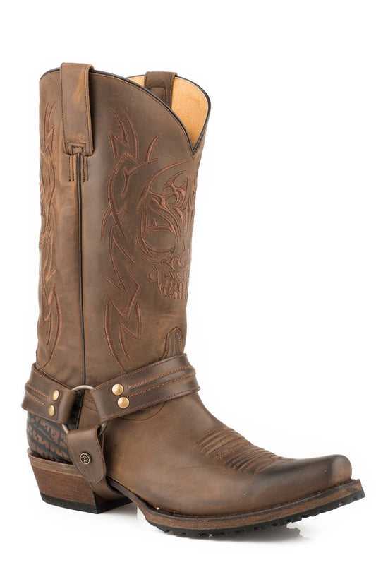 Mens Leather Harness Boot Oiled Brown Vamp Embossed Bull Shoulder Heel Oile