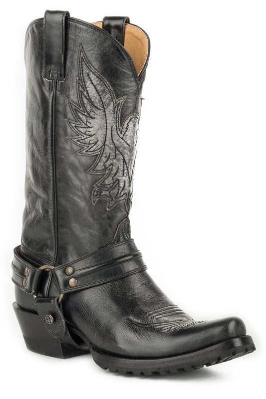 Mens Leather Harness Boot All Black Polishable With Eagle Overlay On Upper