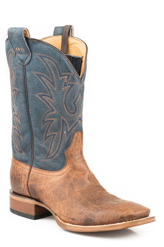 Mens Leather Concealed Carry Boot Burnished Tan Vamp With Blue Embroidered