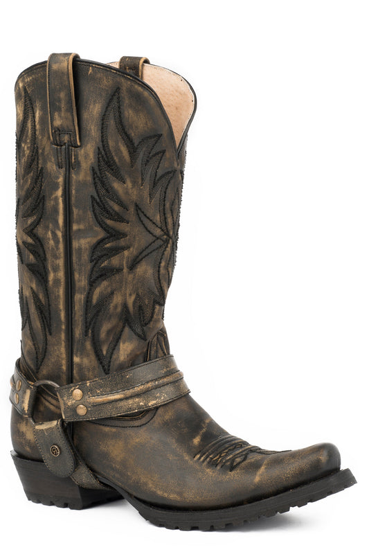 Mens Vintage Black Vamp  Shaft  Bandit Toe Boot With Harness