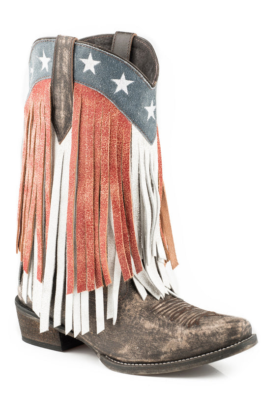 Womens Leather Cowboy Boot Sanded Vintage Brown Vamp With Red And White Fri