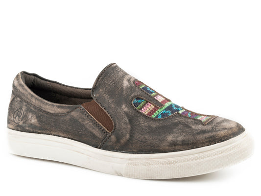 Womens Athletic Slip On Rub Off Brown Leather And Applique Cactus On Vamp