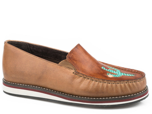 Womens Slip On Moccasin Tan Burnished Leather With Handtooled Cactus Vamp