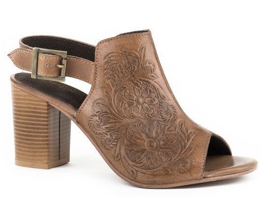 Womens Fashion Mule Beige Floral Tooled Leather With Open Toe And Back Stra