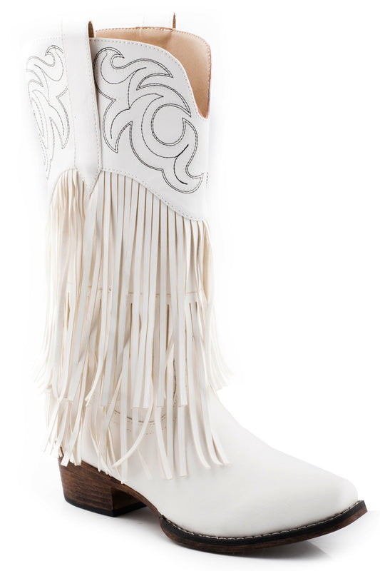 Womens White Smooth Fringe Boot