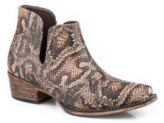 Womens Snip Toe Tan Faux Snake Leather Shorty Boot