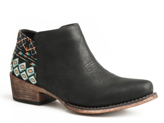 Womens Fashion Ankle Boot Black With Fabric Heel With Side Zip