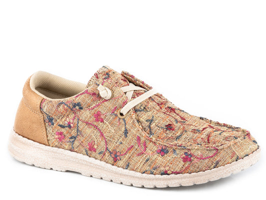Womens Tan Floral Fabric With Tan Heel