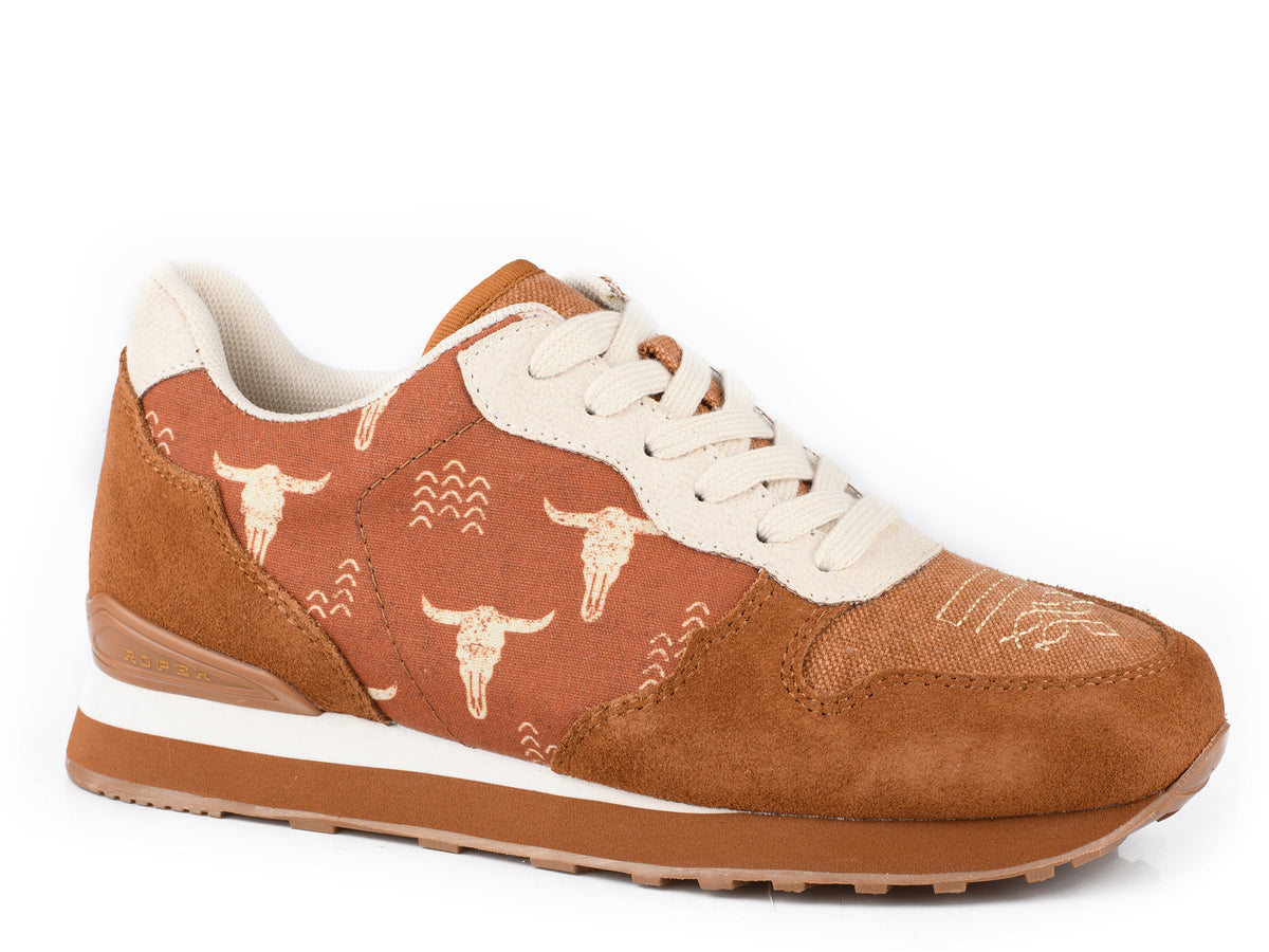 Womens Cognac Cow Suede And Printed Canvas