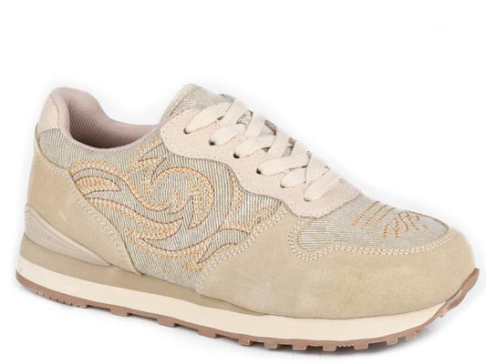 Womens Roper Creme Cow Suede And Western Stitch Giddyup Spice Shoes