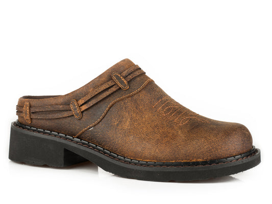 Womens Mule On Chunk Outsole Brown Crazy Horse Leather With Laced Saddle Va