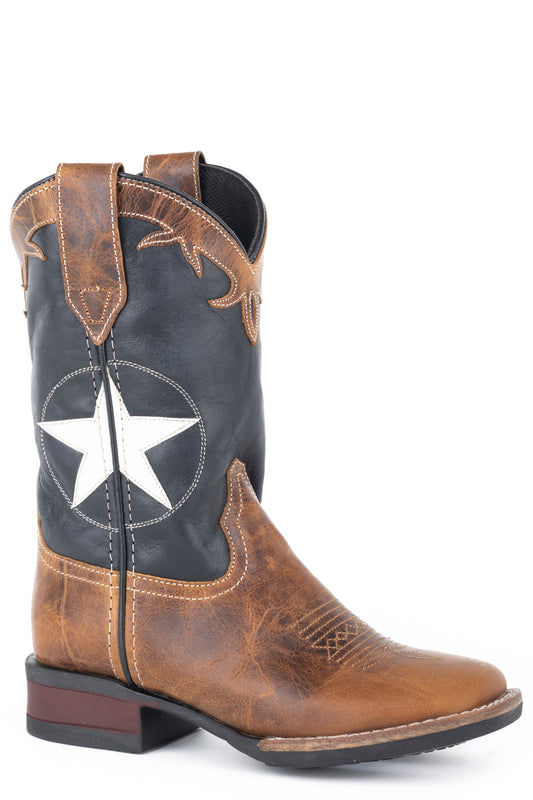 Big Boys Tan Leather Vamp Boot With White Star Overlay On Navy Shaft